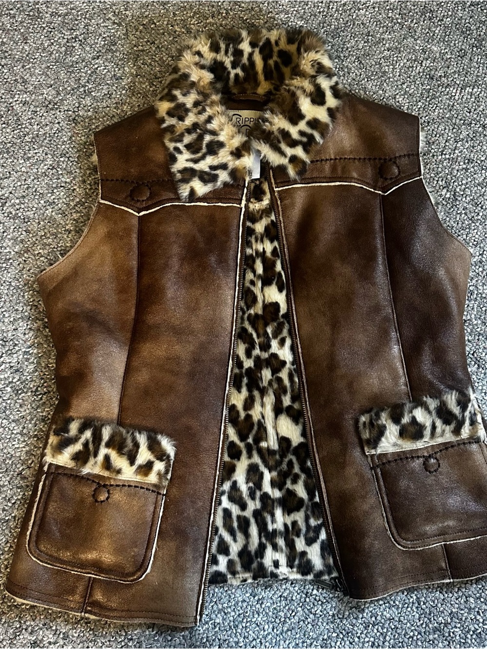 Cripple Creek Shearling-Lined Faux Fur Trim Brown Vest